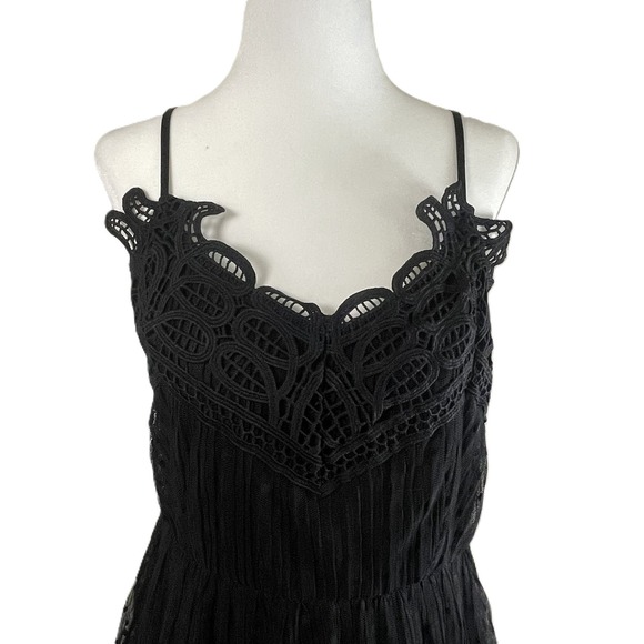 DEX Black Crochet Lace Tiered Polka Dot Mini Dress L Spaghetti Strap Lined Fairy - Picture 7 of 16
